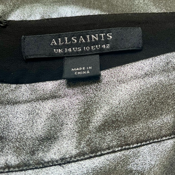 AllSaints Carla Gathered Silver Metallic Midi Skirt Side Split Polyester Size 10 - Picture 5 of 15